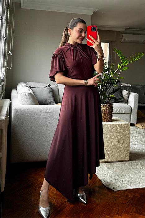 Bristol Asimetrik Kesim Bordo Elbise