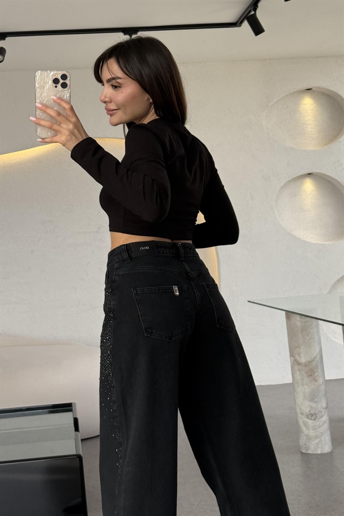 Brodhe Siyah Uzun Kollu Crop