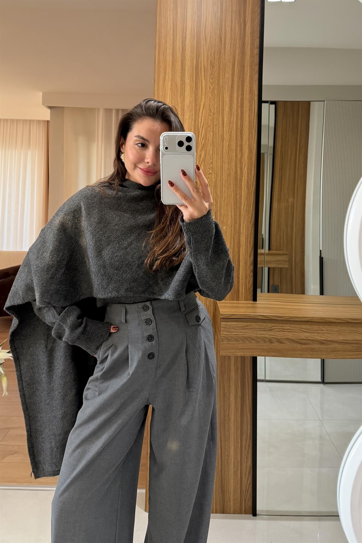 Brodie Antrasit Düğme Detaylı Palazzo Pantolon