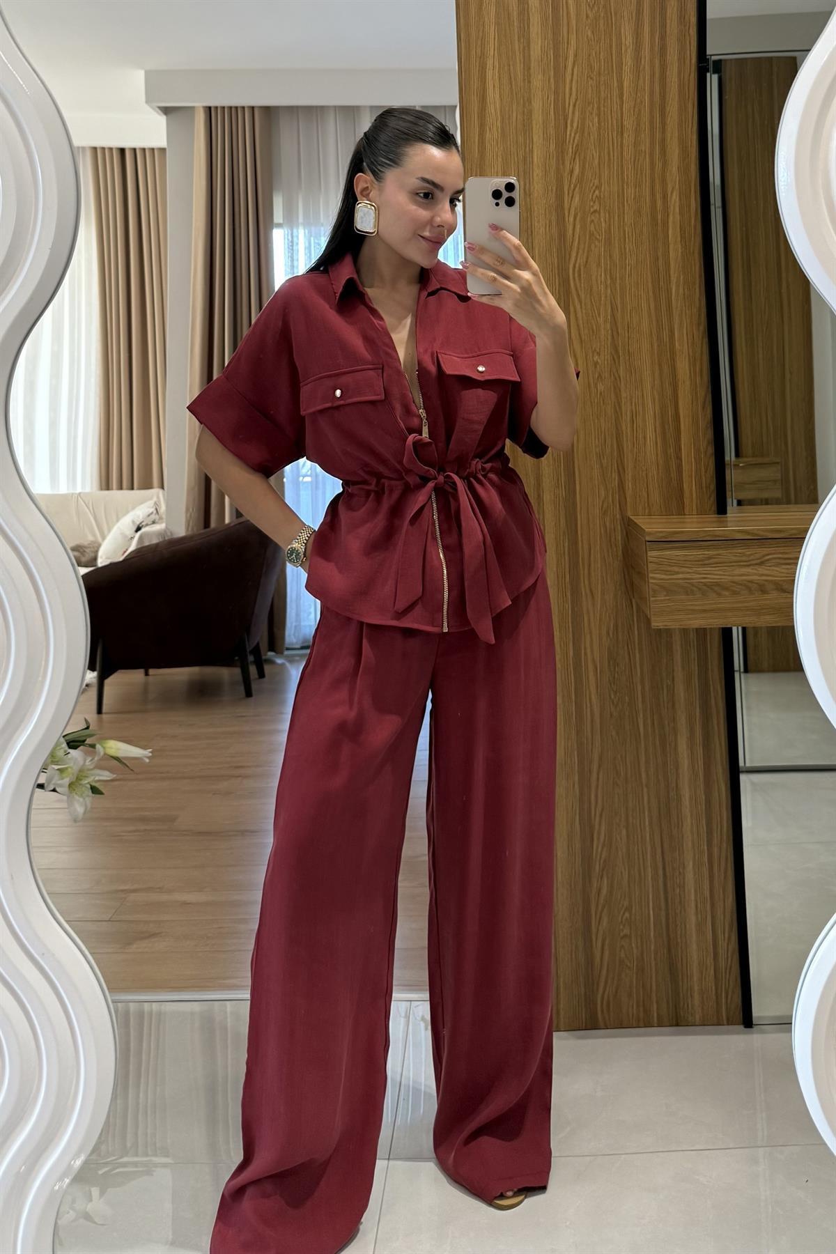 Bronte Bordo Önü Fermuarlı Bel Bağlamalı Takım