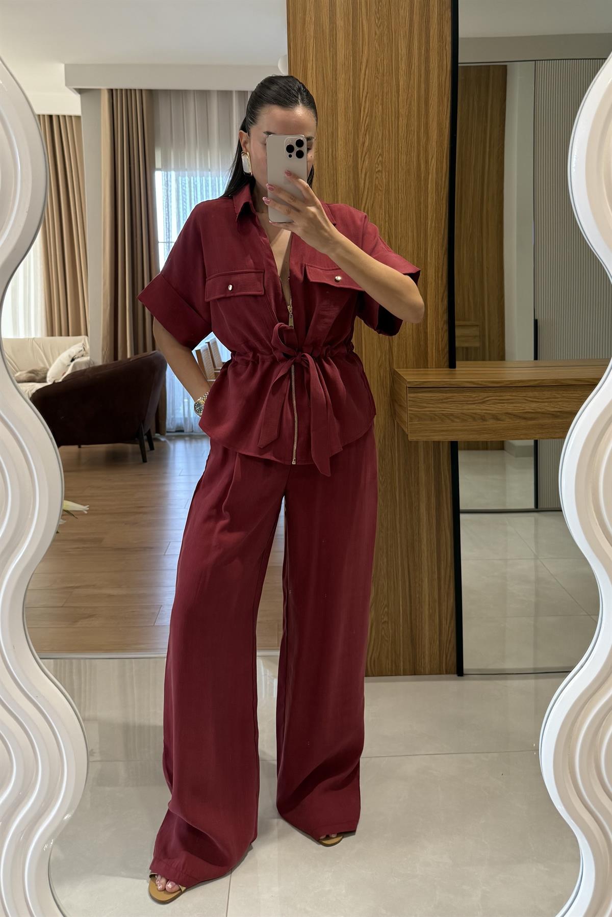 Bronte Bordo Önü Fermuarlı Bel Bağlamalı Takım