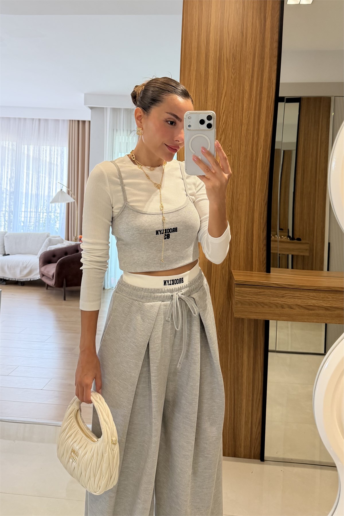 Brooklyn Gri Pileli Wide Leg Pantolon