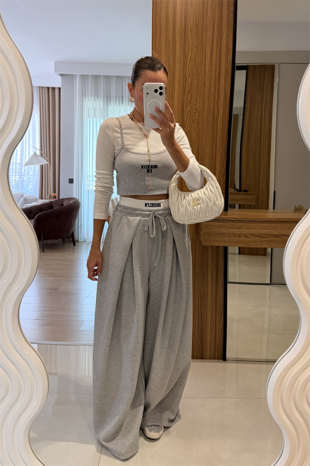 Brooklyn Gri Pileli Wide Leg Pantolon