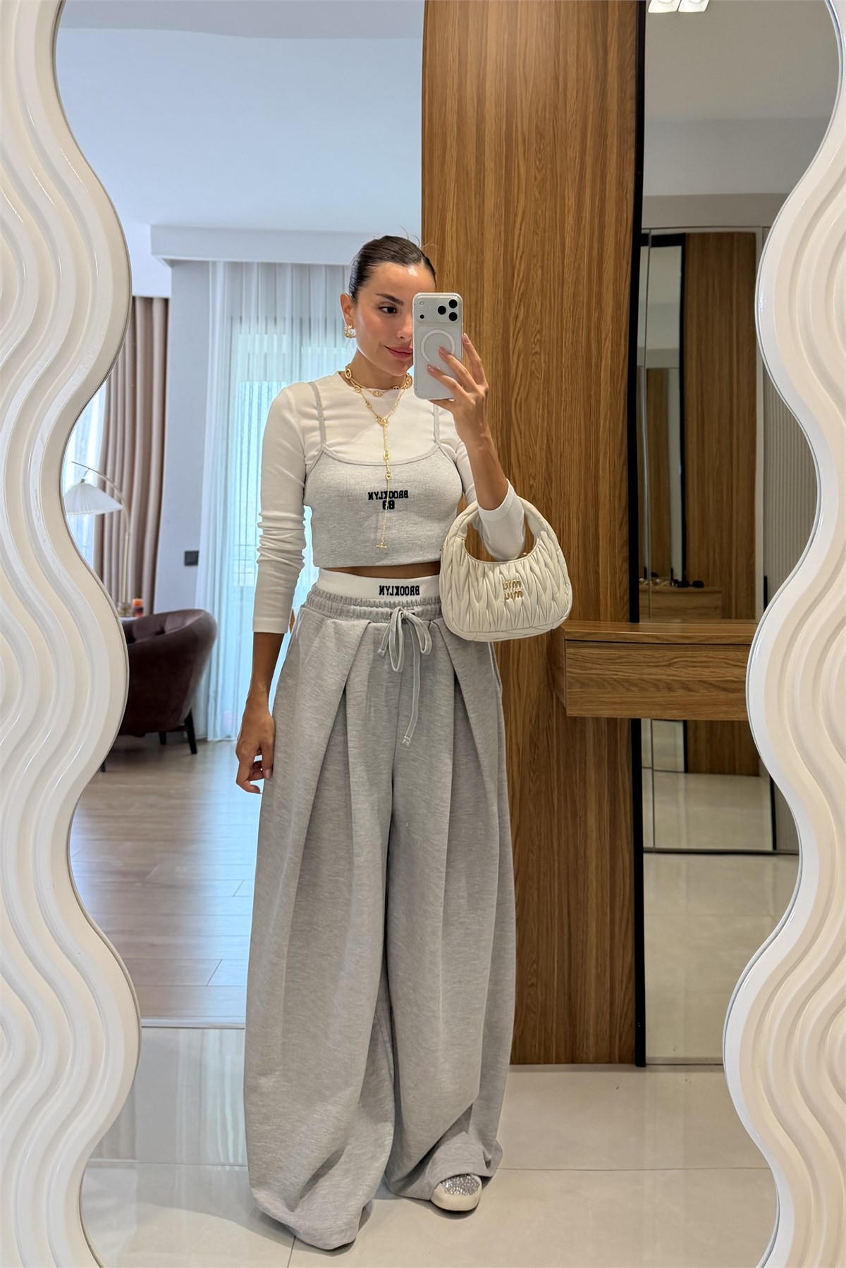 Brooklyn Gri Pileli Wide Leg Pantolon