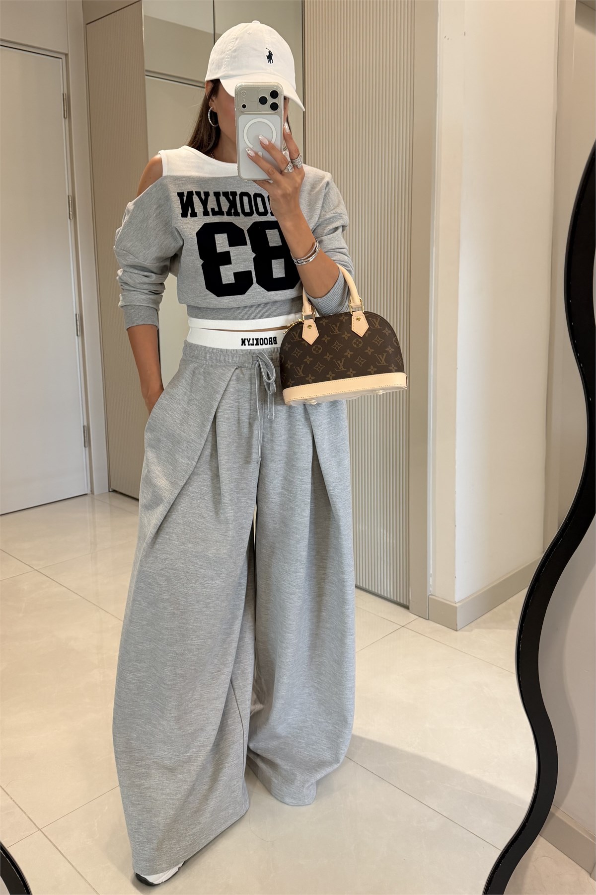 Brooklyn Gri Pileli Wide Leg Pantolon