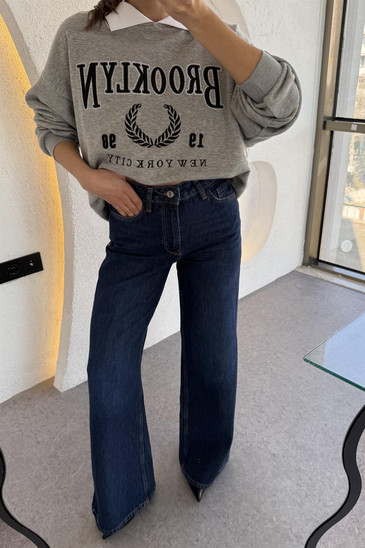 Brooklyn Gri Polo Yaka Sweatshirt 