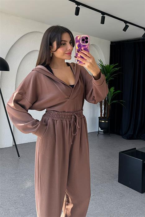 Brunella V yaka Modal Kumaş Kahve Takım
