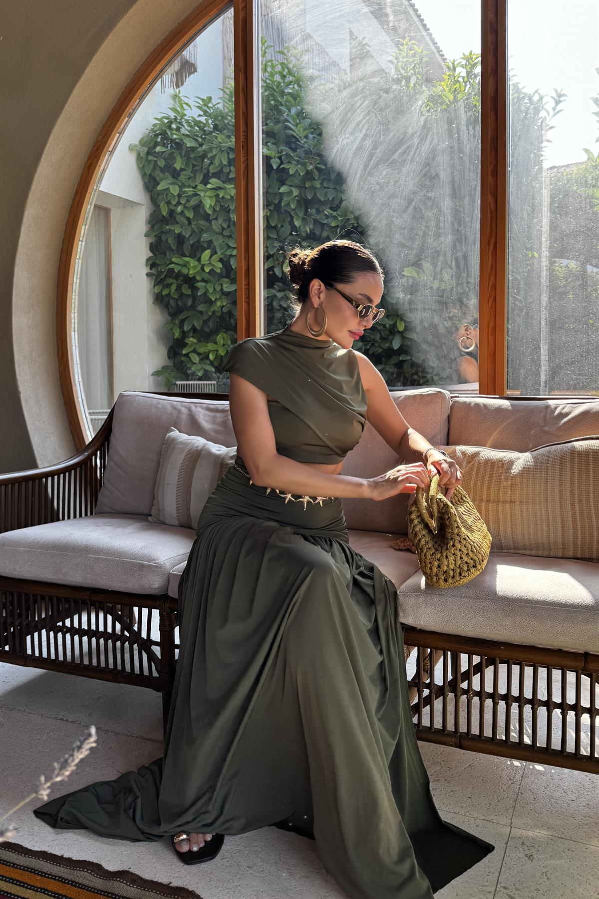 Bubble Haki Etek Crop Takım