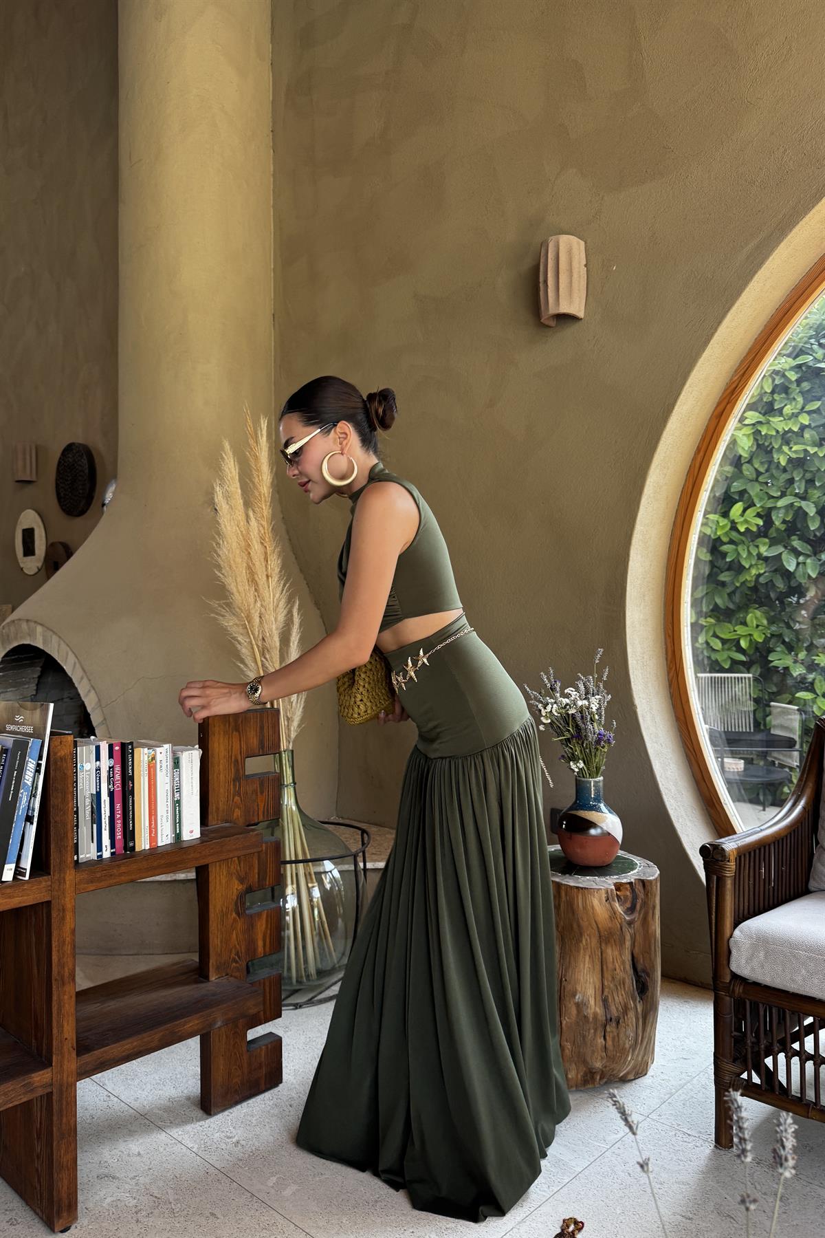 Bubble Haki Etek Crop Takım