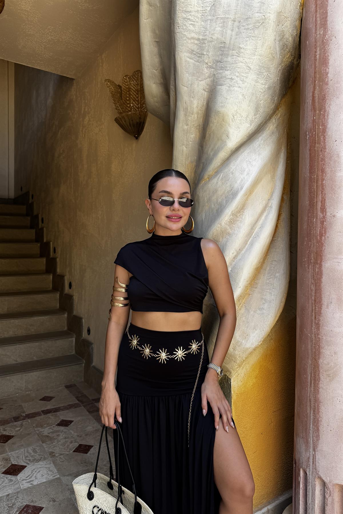 Bubble Siyah Etek Crop Takım