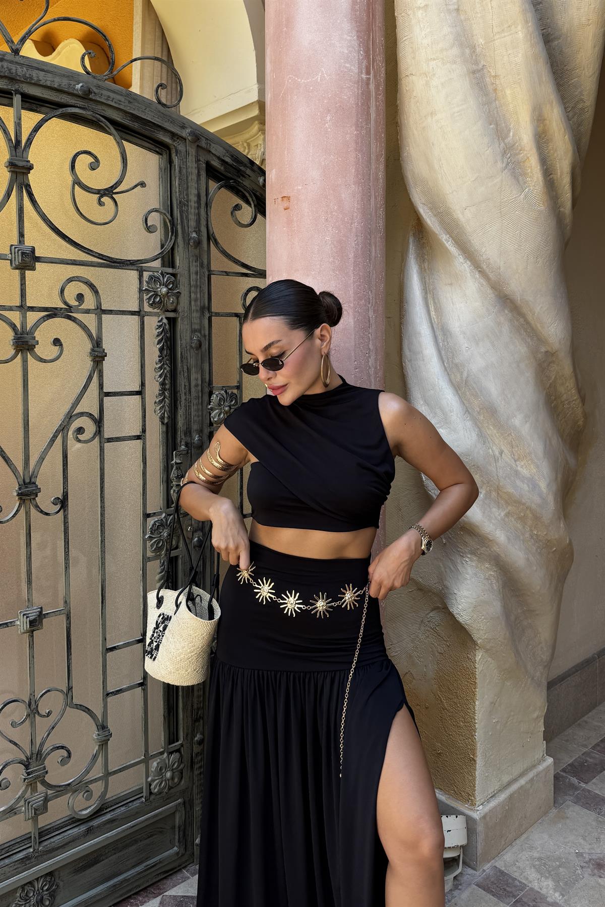 Bubble Siyah Etek Crop Takım