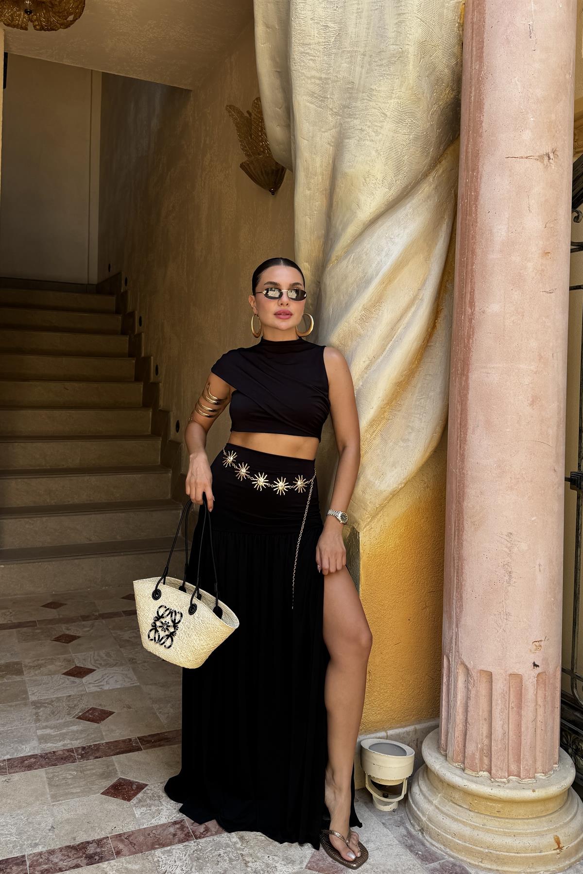 Bubble Siyah Etek Crop Takım