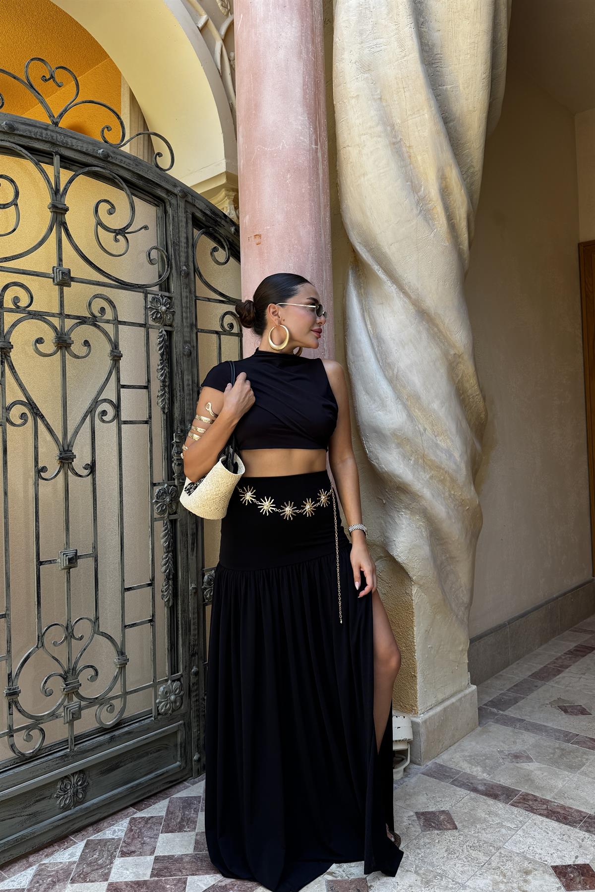 Bubble Siyah Etek Crop Takım