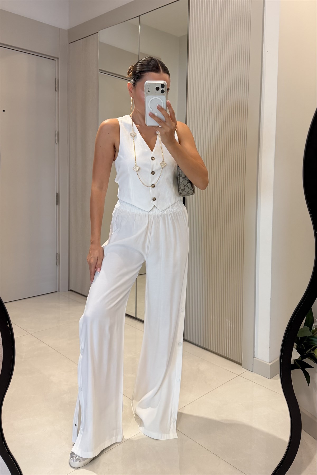Bunny Beyaz Tensel Yanları Çıt Çıt Detay Palazzo Pantolon