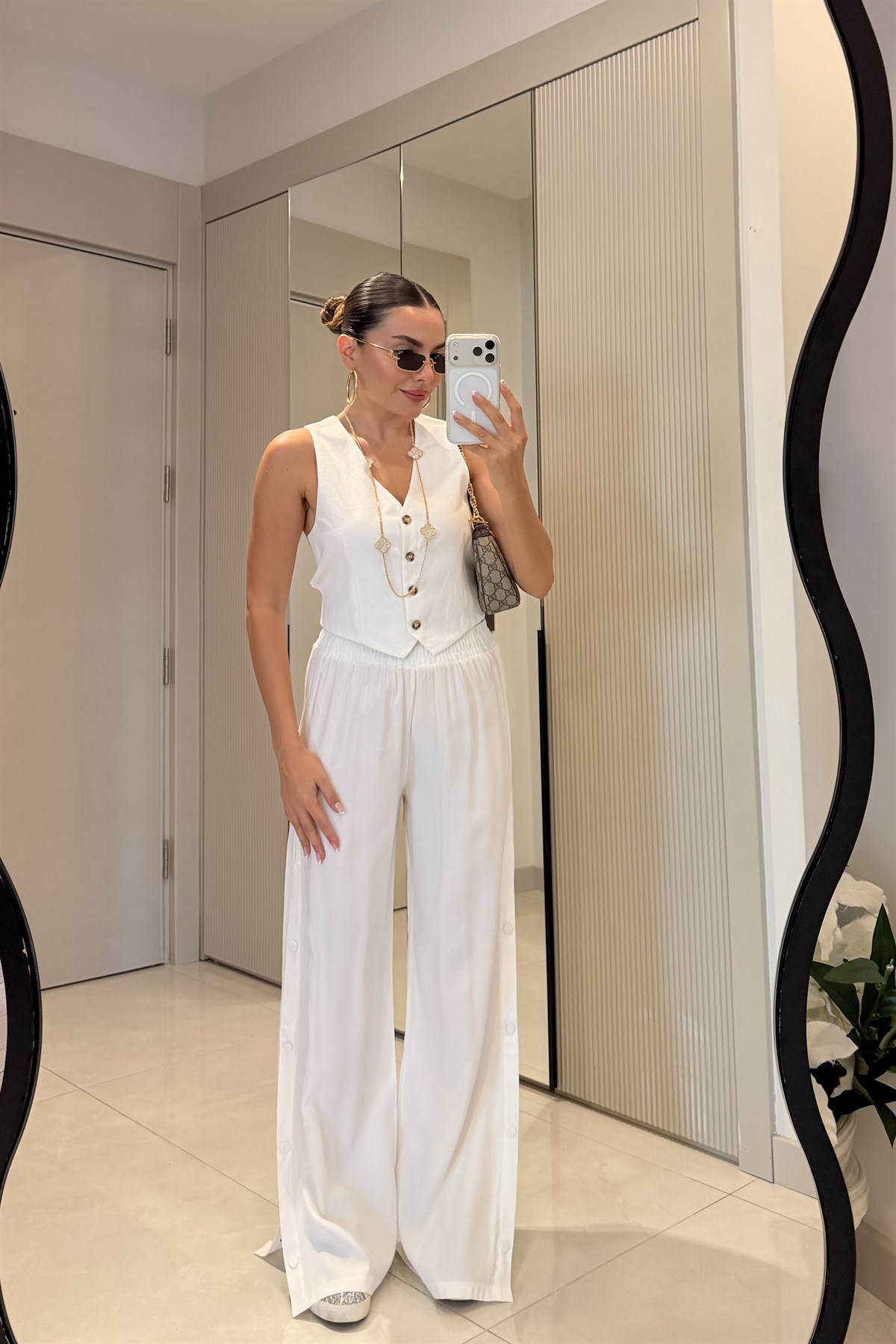 Bunny Beyaz Tensel Yanları Çıt Çıt Detay Palazzo Pantolon