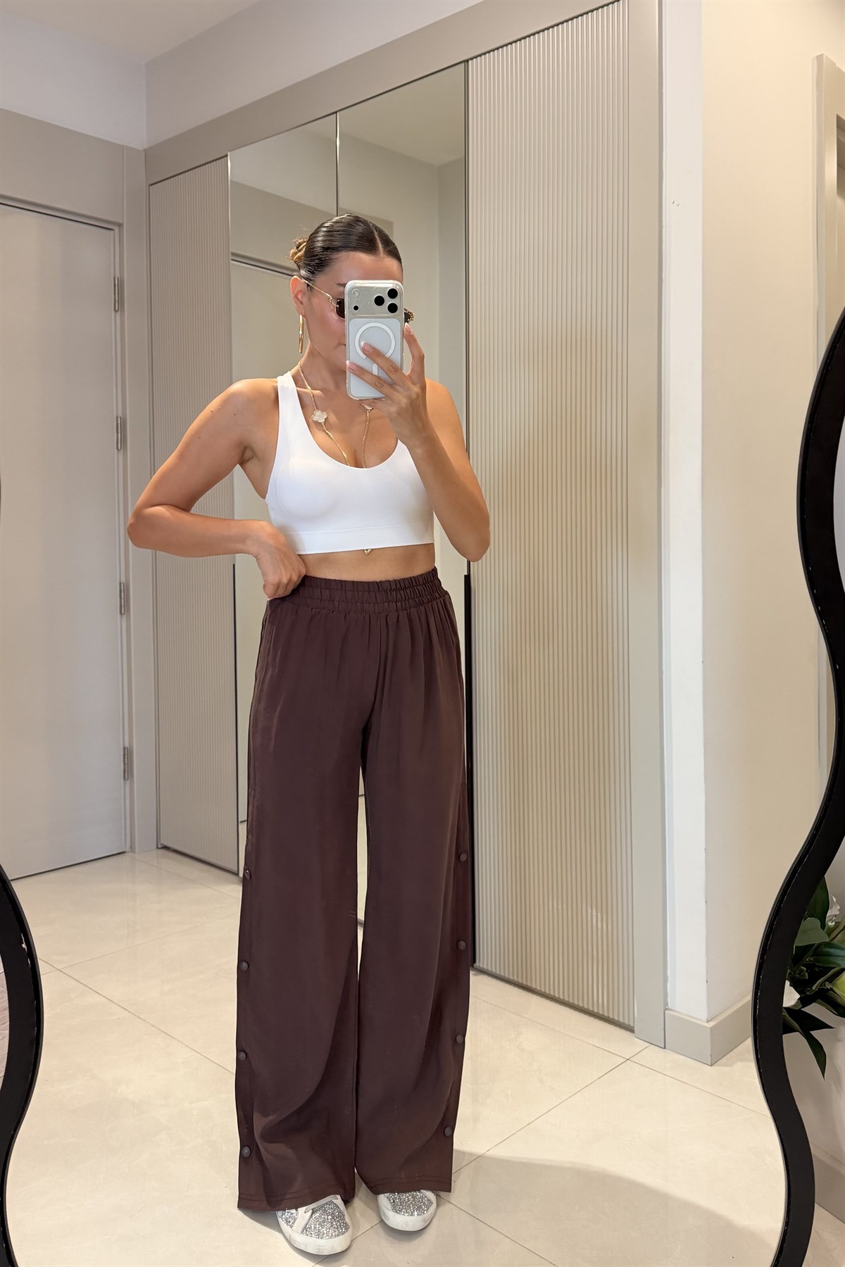 Bunny Kahve Tensel Yanları Çıt Çıt Detay Palazzo Pantolon