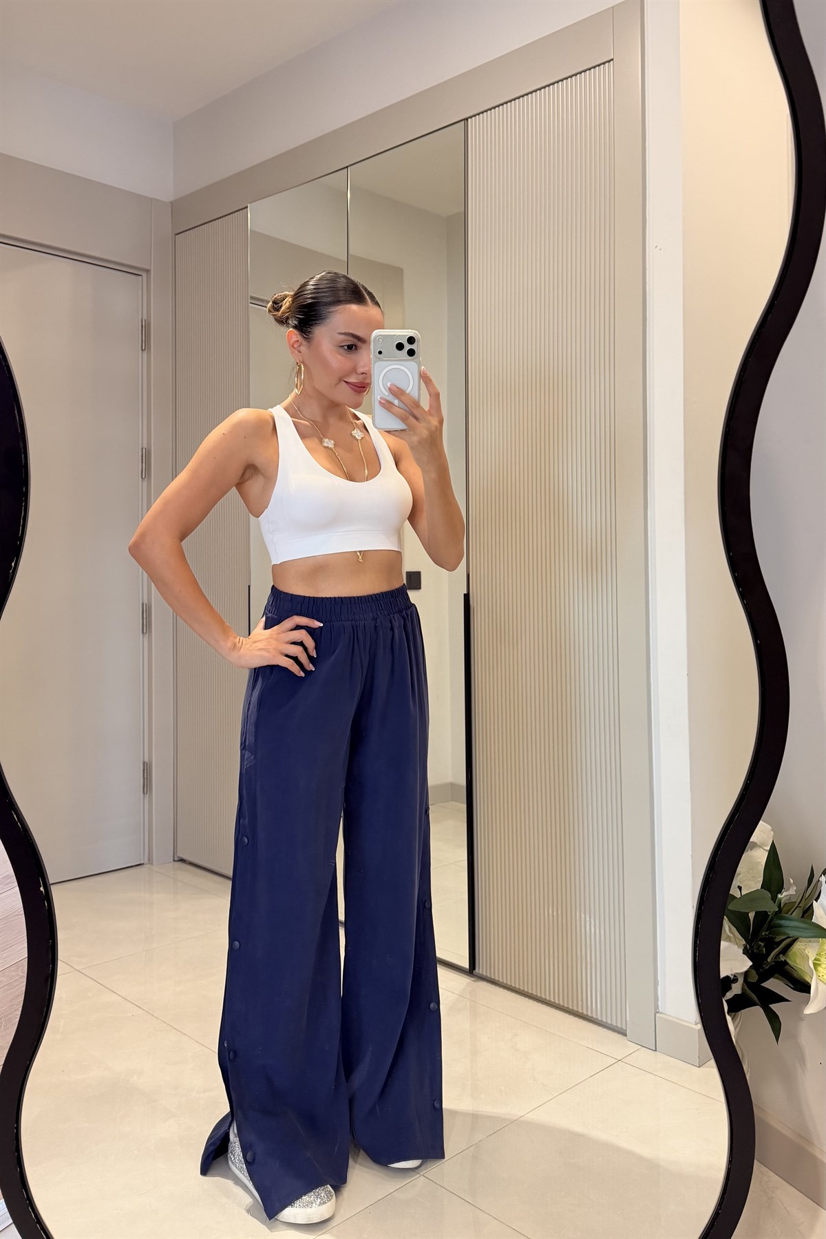 Bunny Lacivert Tensel Yanları Çıt Çıt Detay Palazzo Pantolon