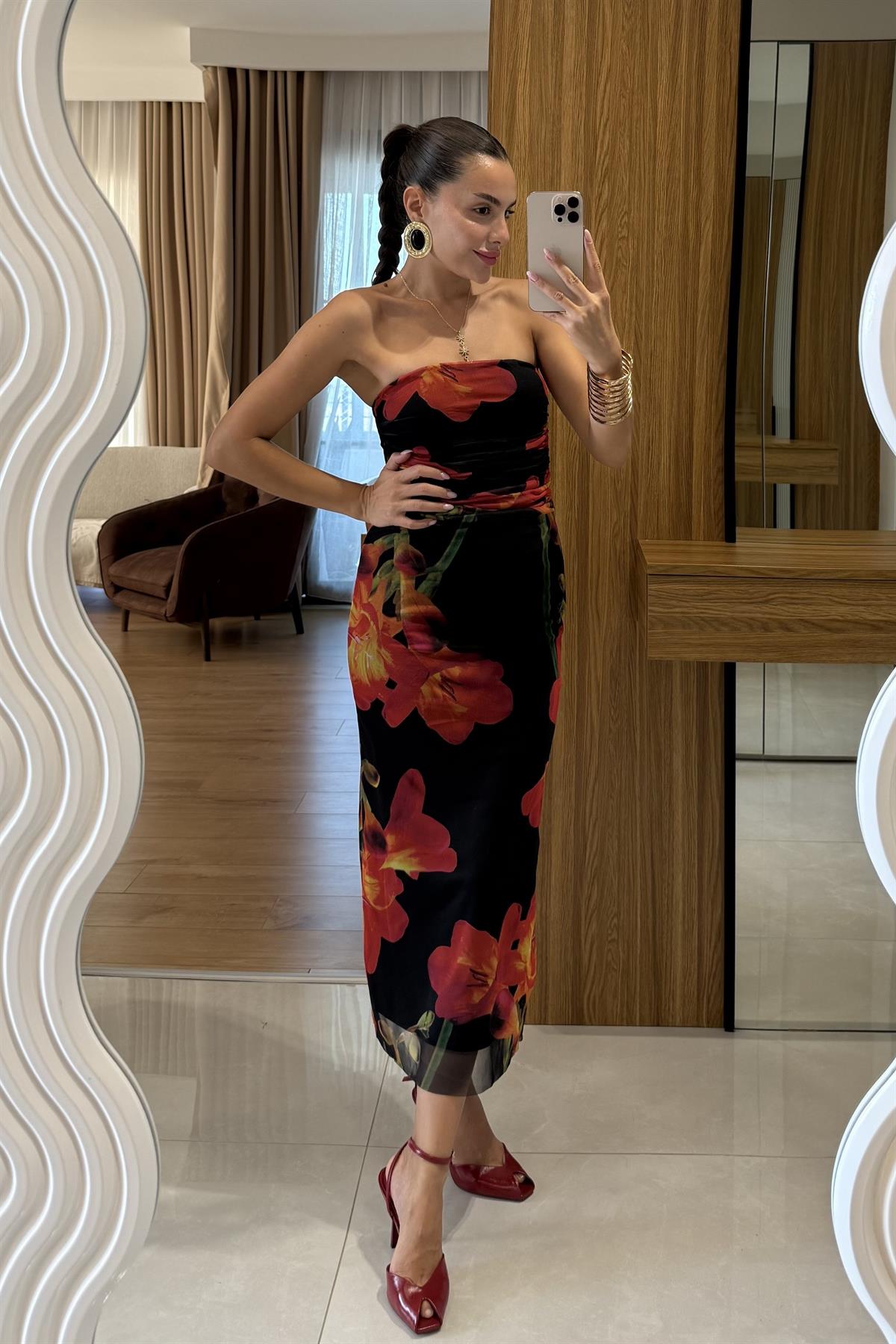 Burnette Straplez Çiçekli Tül Elbise