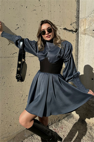 Buzzy balon kol saten romantik elbise