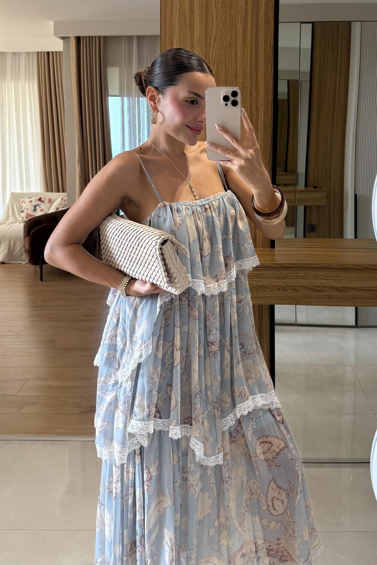 Cairo Mavi Çiçek Desenli Kat Kat Elbise