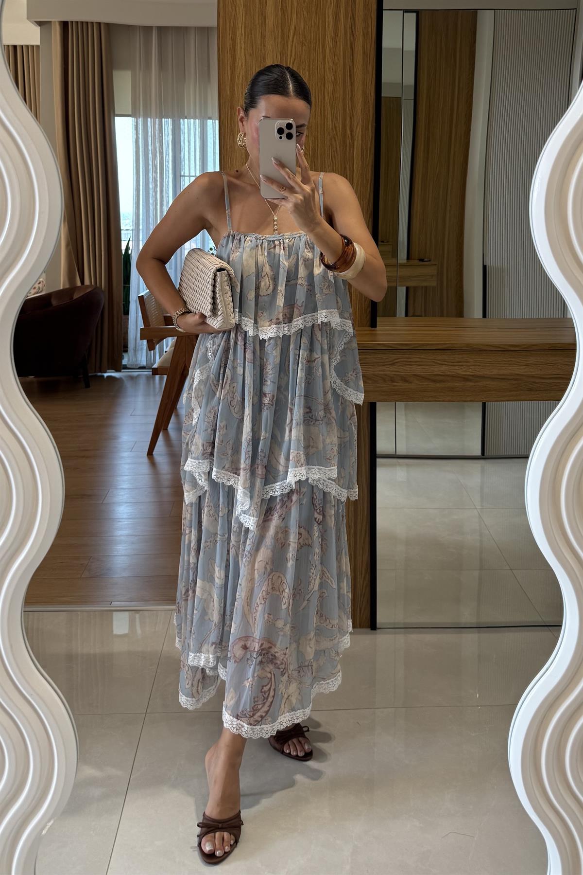 Cairo Mavi Çiçek Desenli Kat Kat Elbise