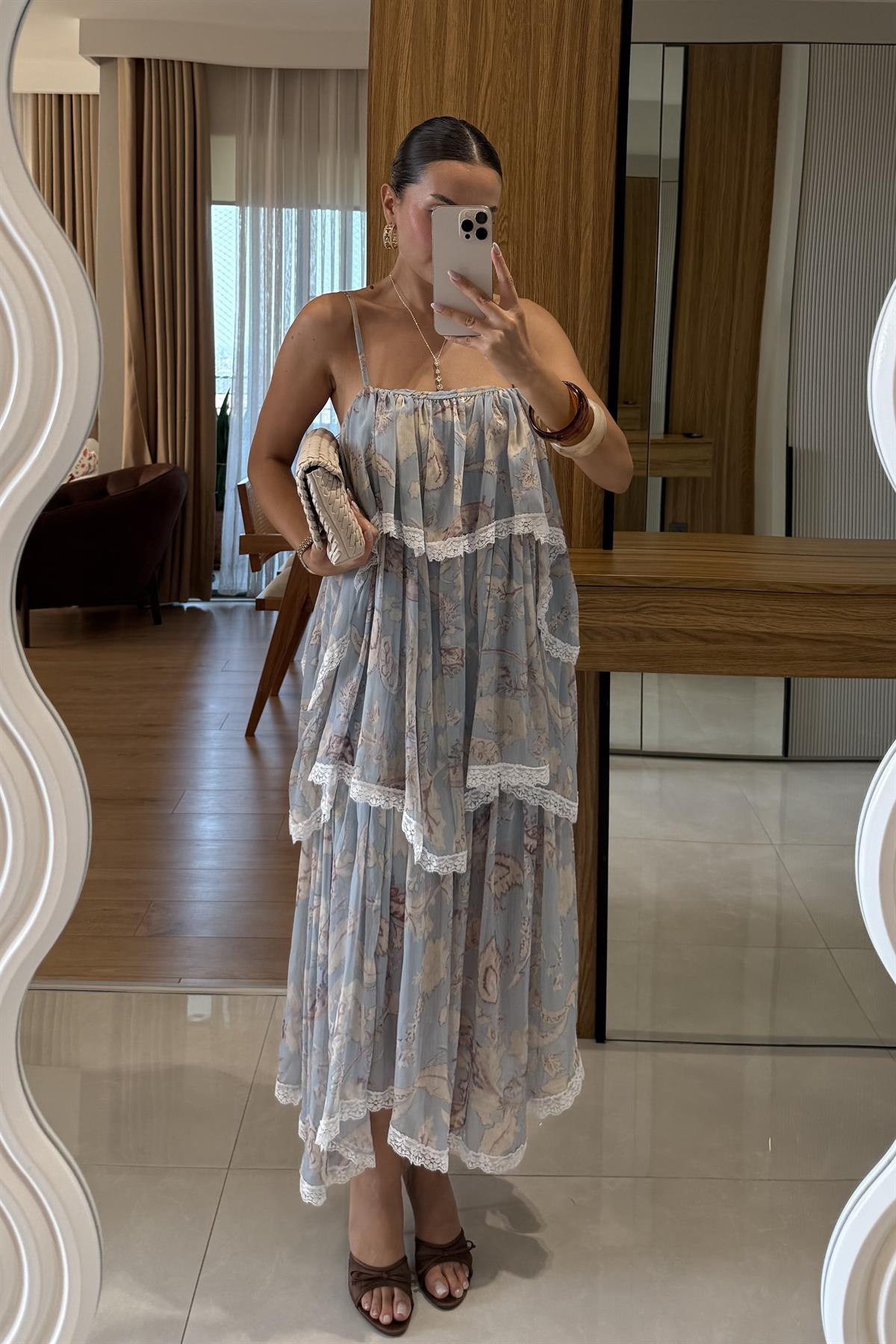 Cairo Mavi Çiçek Desenli Kat Kat Elbise