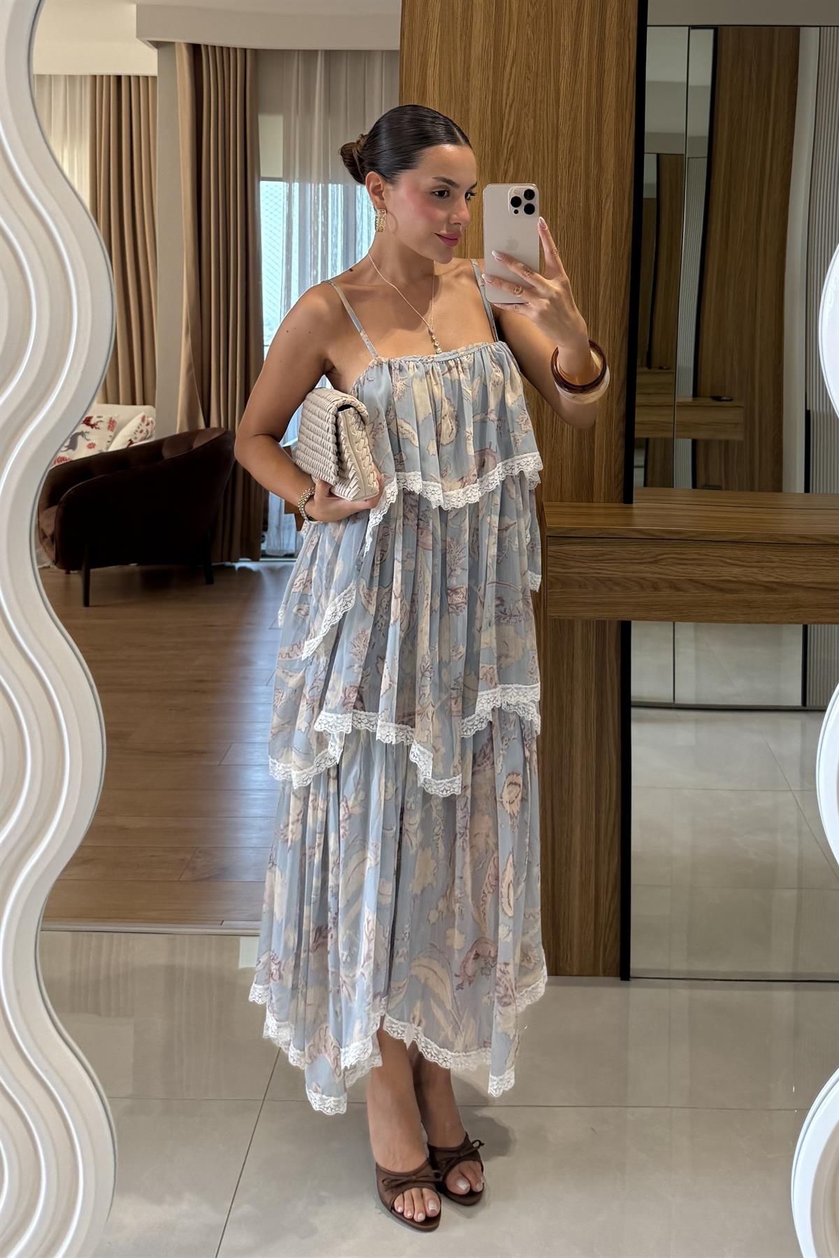 Cairo Mavi Çiçek Desenli Kat Kat Elbise