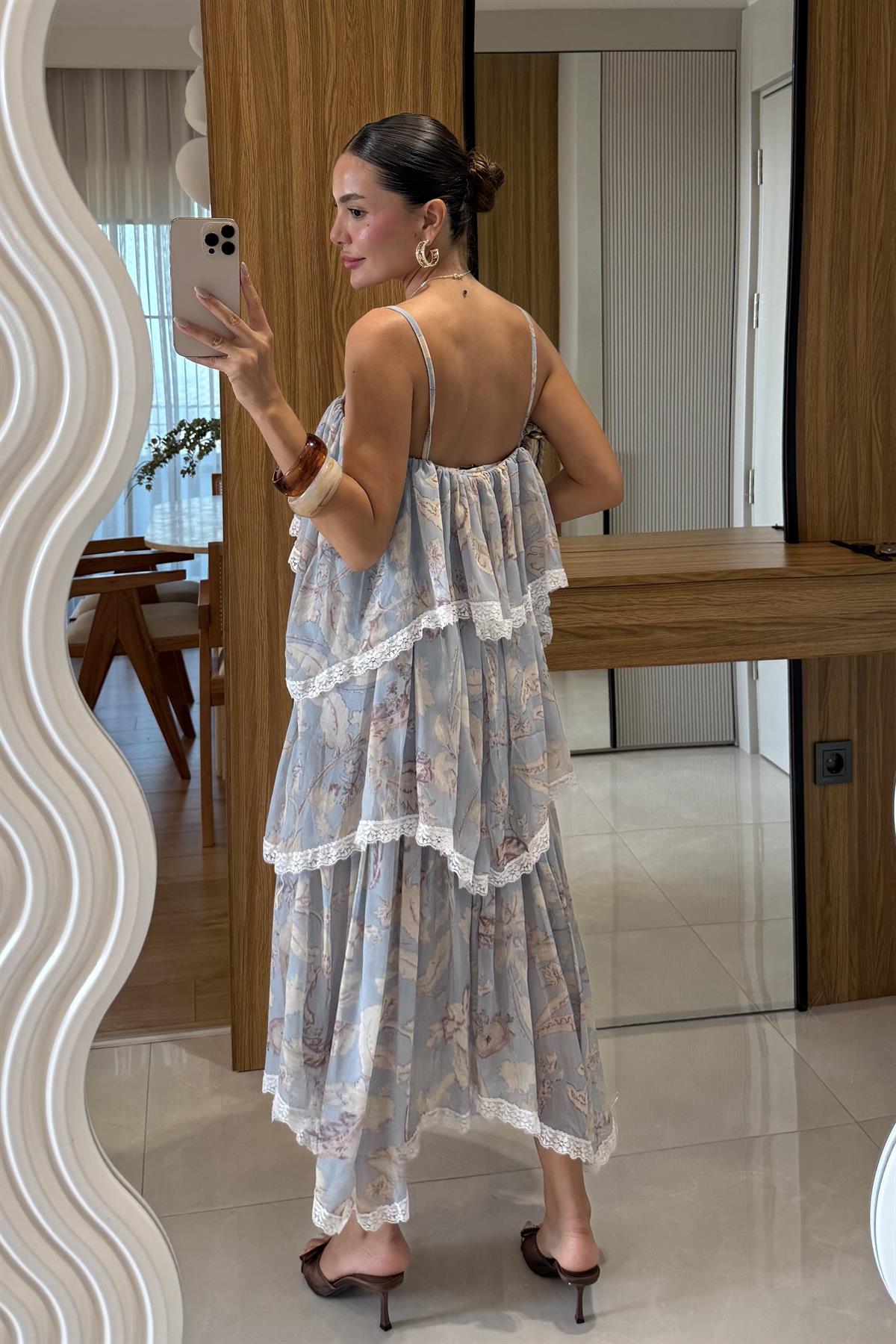 Cairo Mavi Çiçek Desenli Kat Kat Elbise