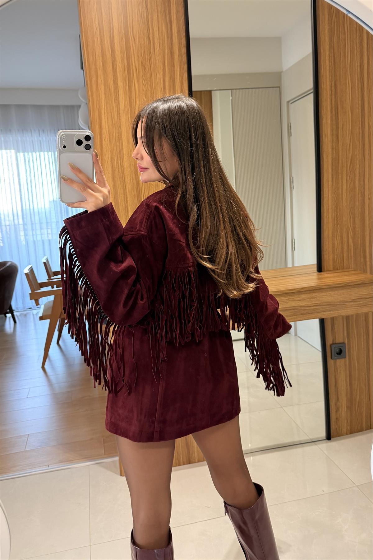 Calabria Bordo Püsküllü Süet Ceket