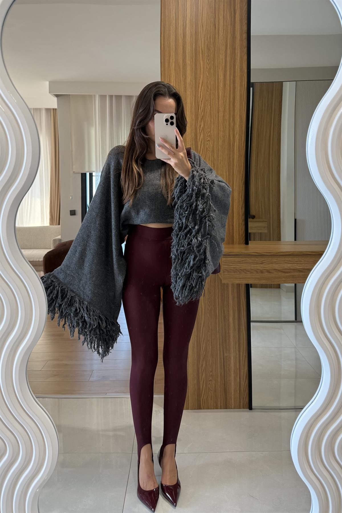 Caliente Antrasit İspanyol Kol Püsküllü Kazak