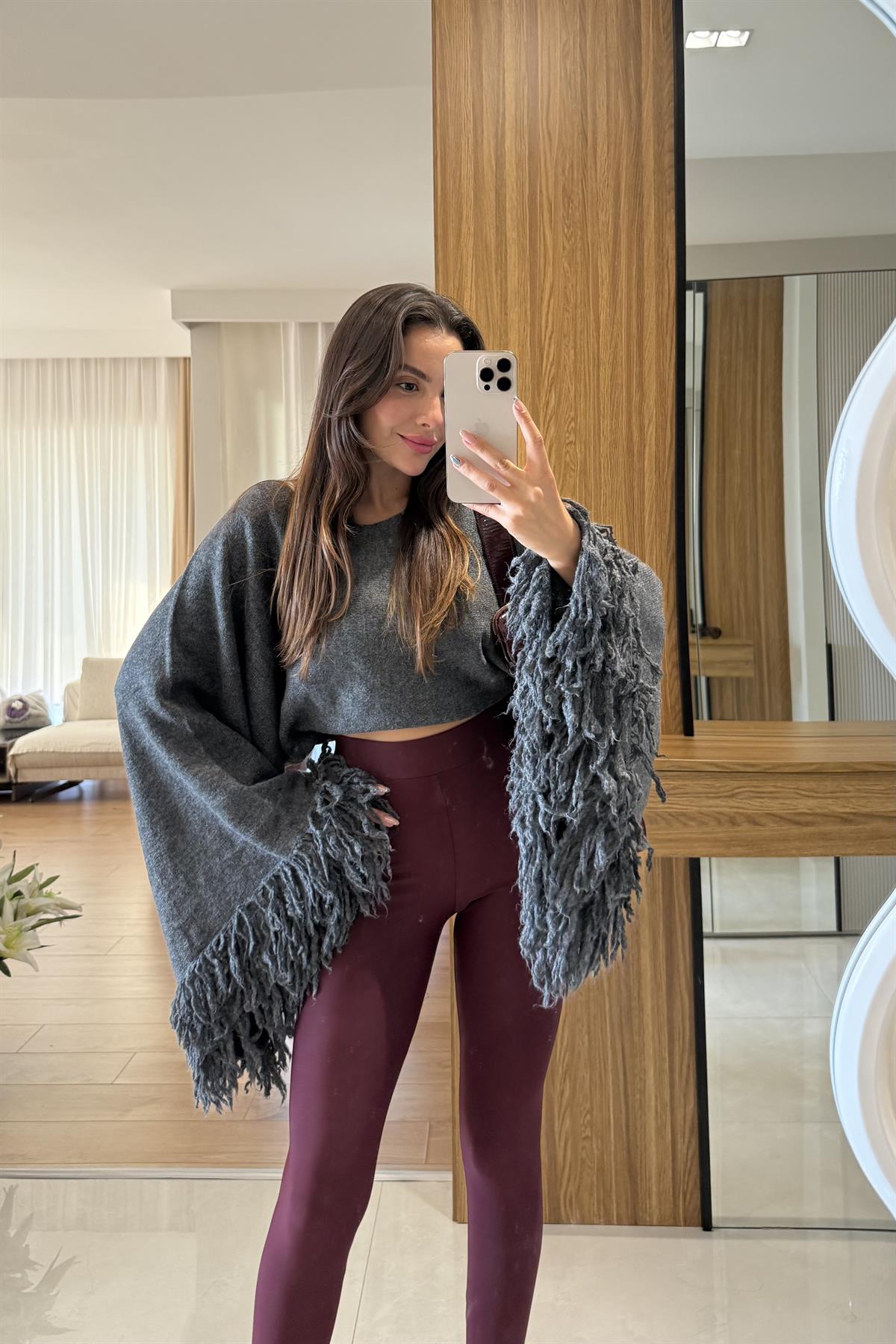 Caliente Antrasit İspanyol Kol Püsküllü Kazak