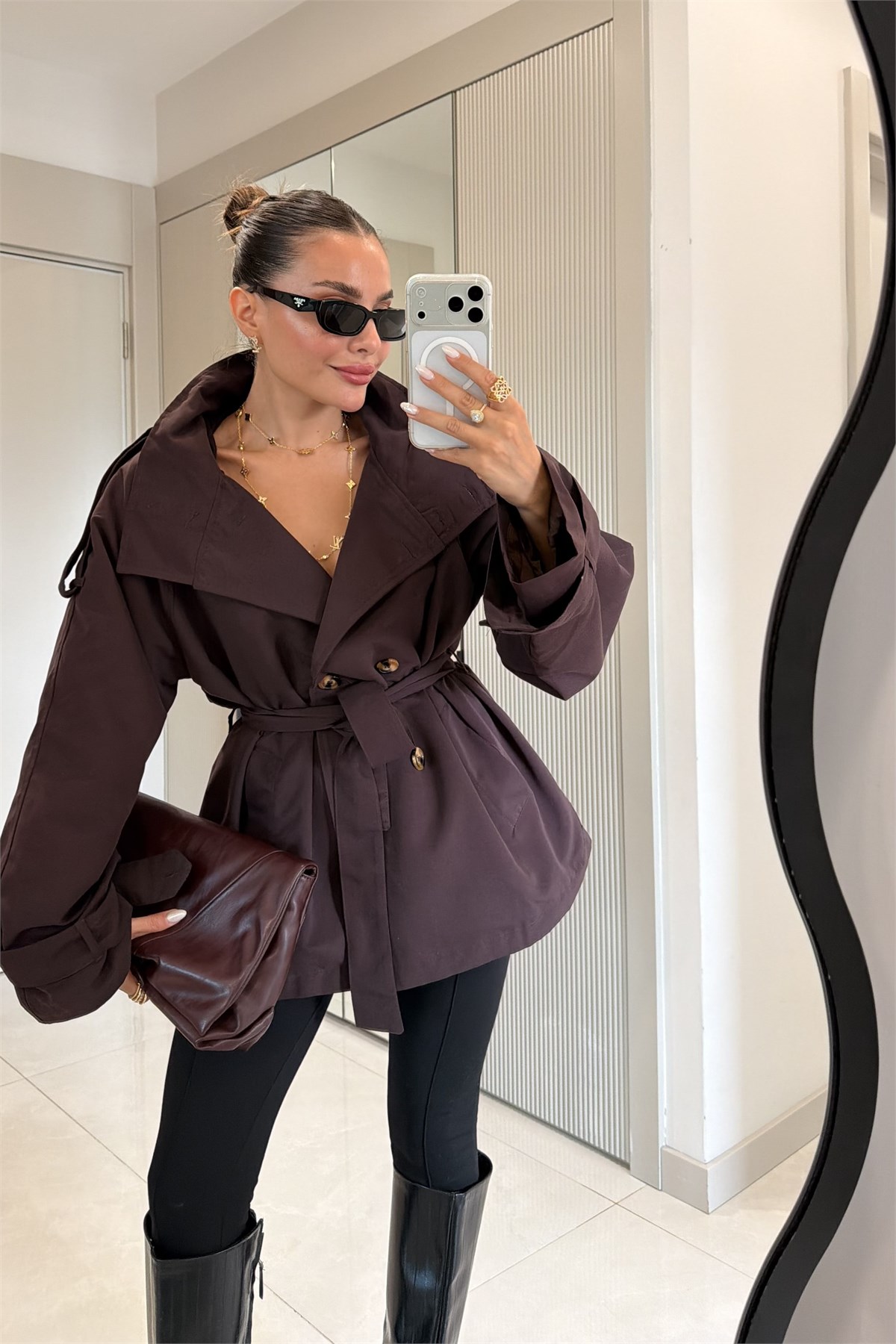 Calina Kahve Dik Yaka Kemerli Düğme Detay Trençkot