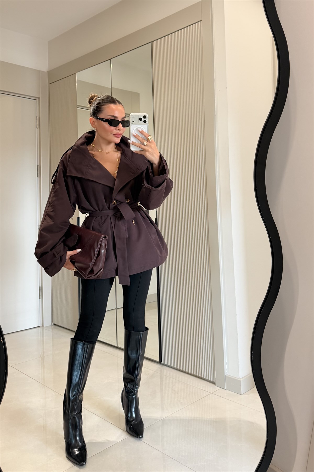 Calina Kahve Dik Yaka Kemerli Düğme Detay Trençkot