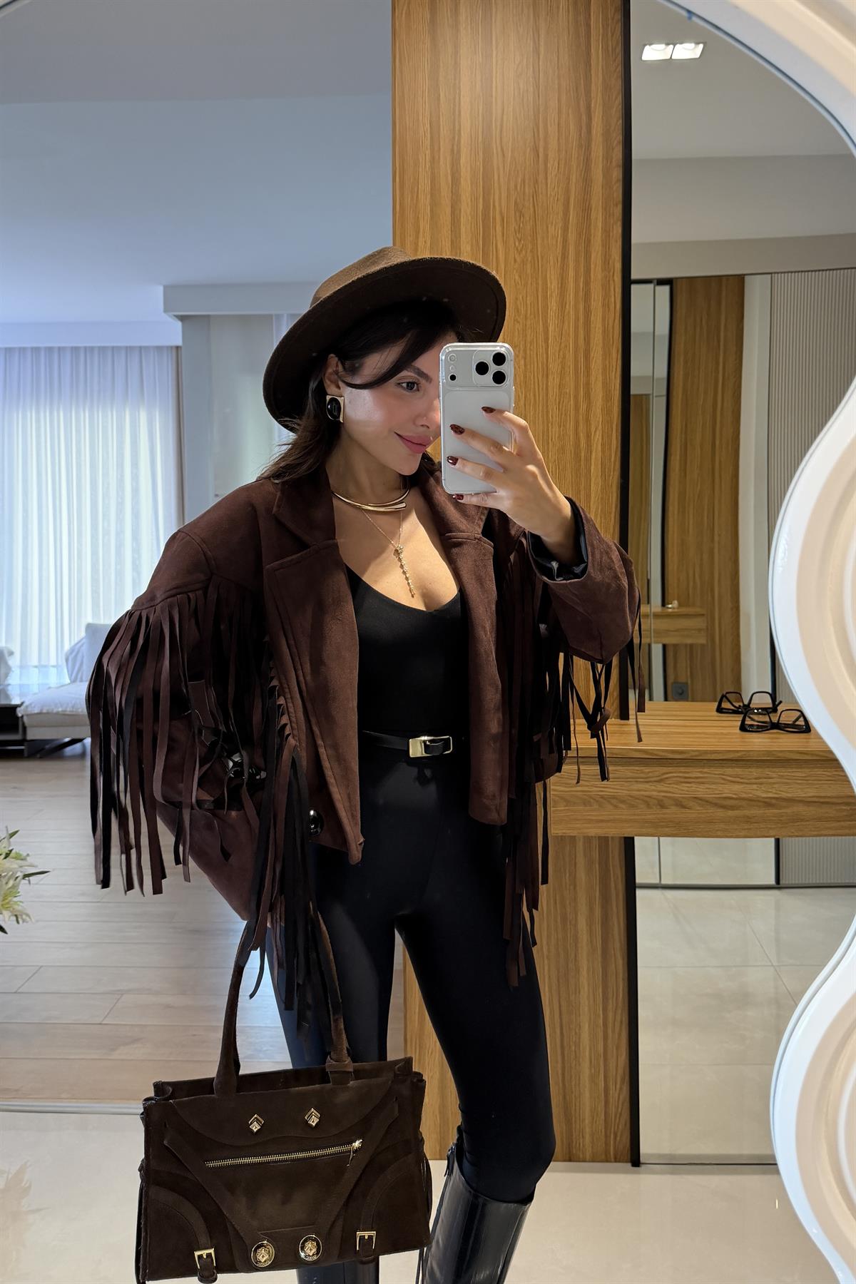 Calixa Kahve Püsküllü Süet Ceket