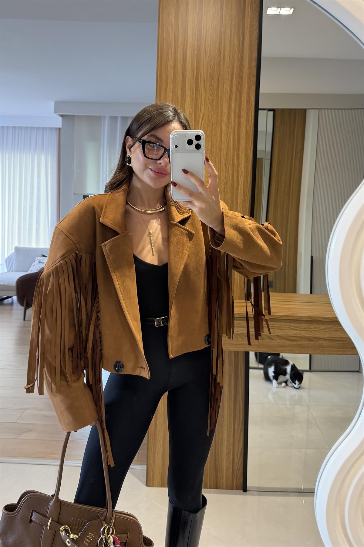 Calixa Taba Püsküllü Süet Ceket