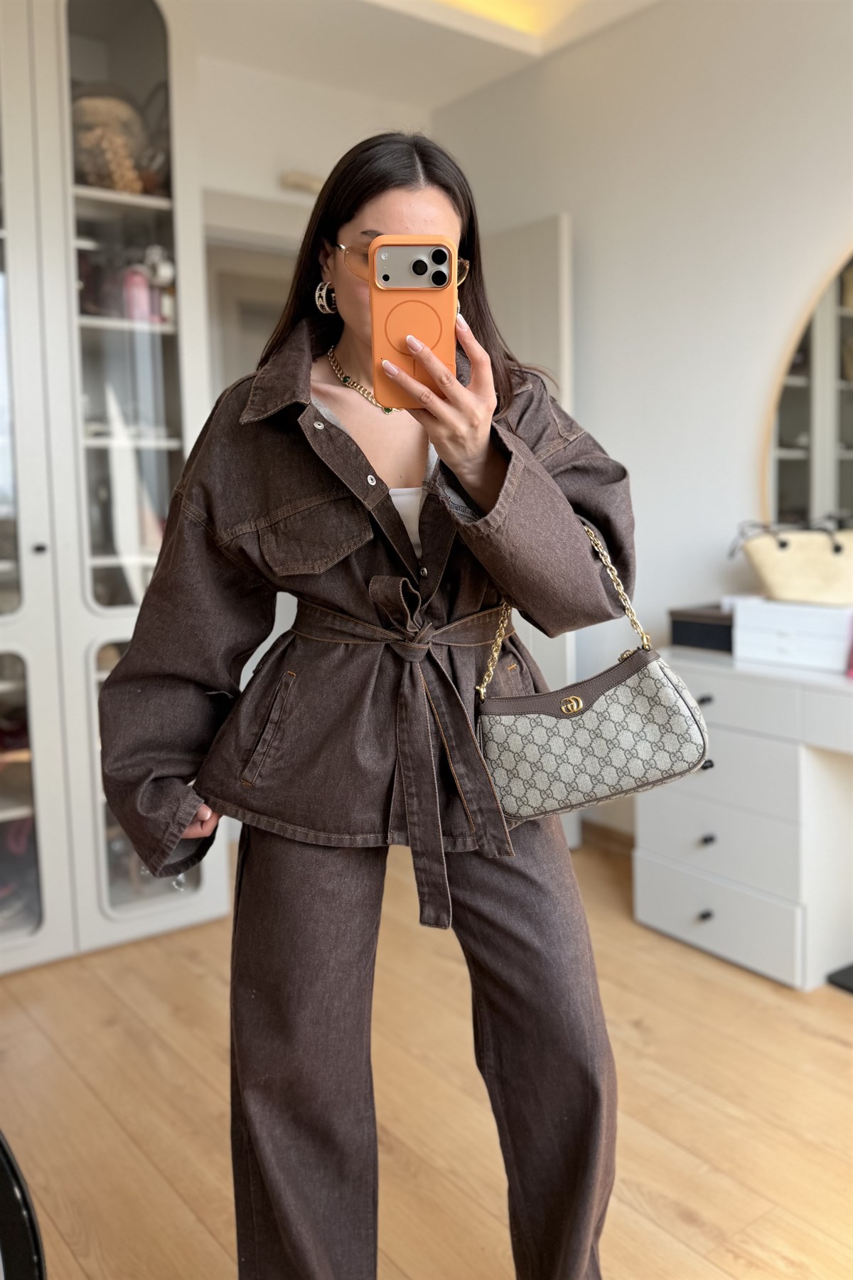 Callow Sütlü Kahve Kuşaklı Denim Takım