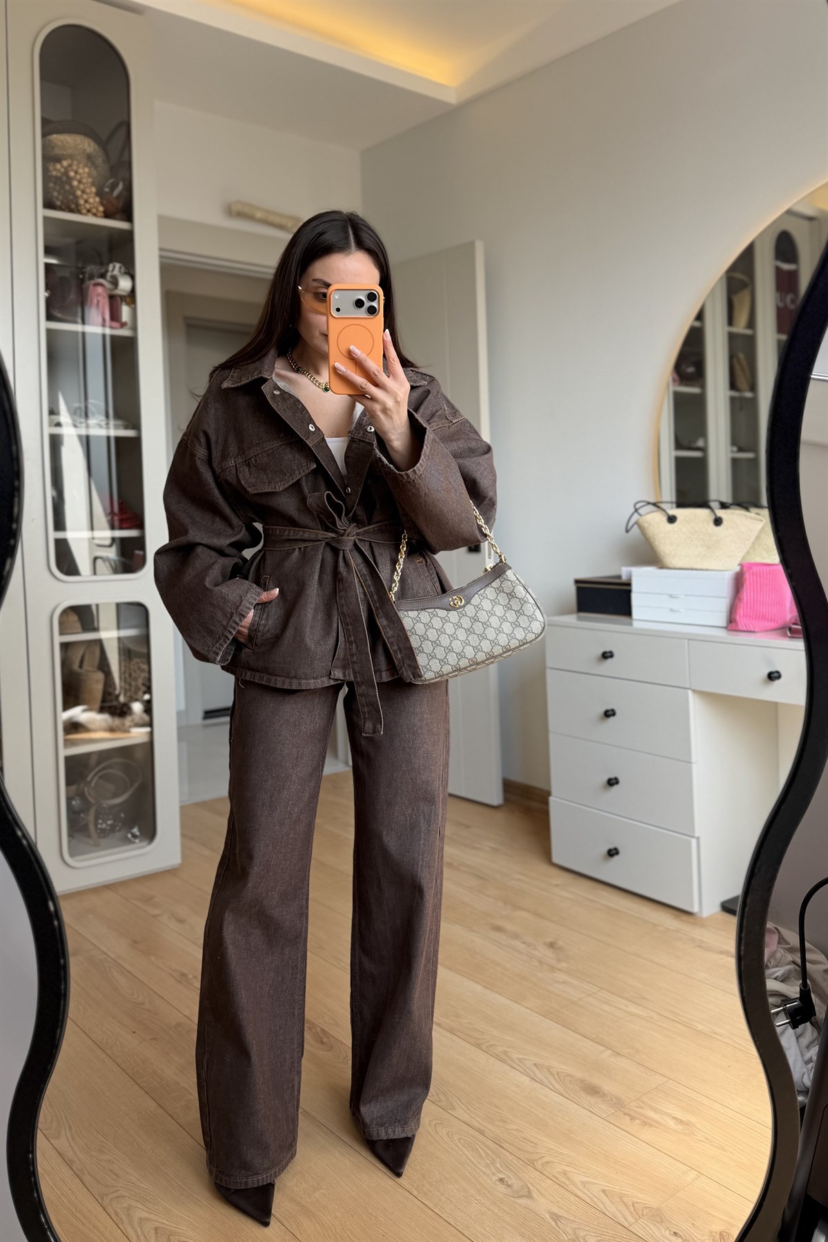 Callow Sütlü Kahve Kuşaklı Denim Takım