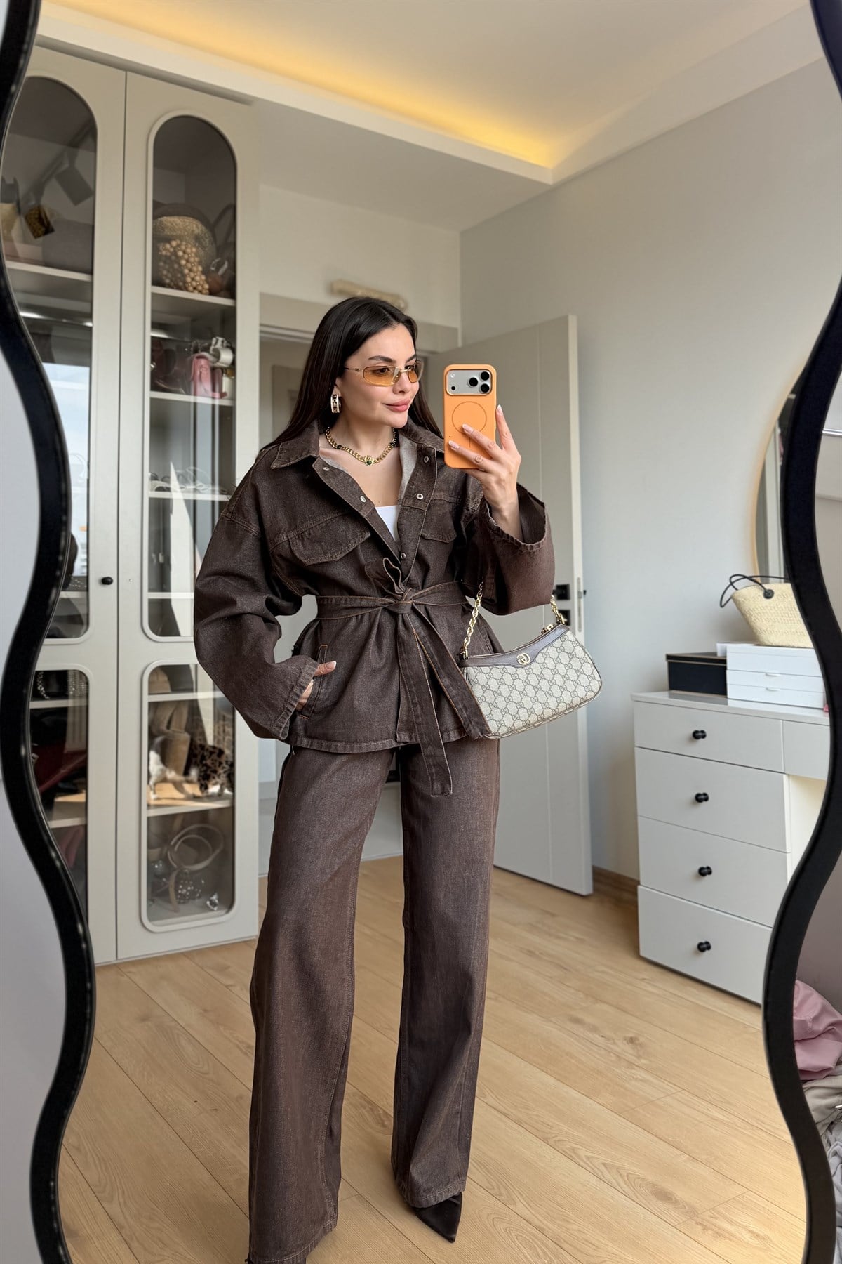 Callow Sütlü Kahve Kuşaklı Denim Takım