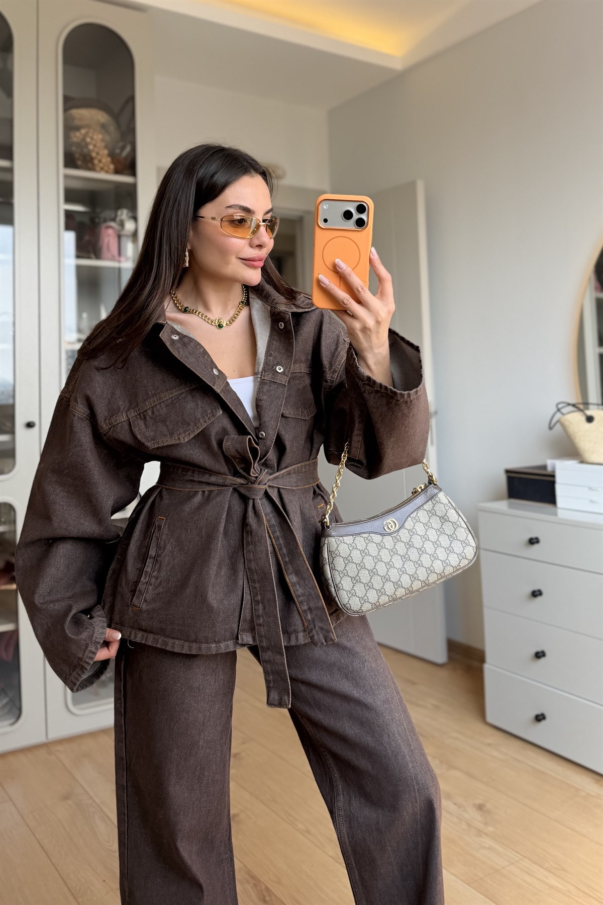 Callow Sütlü Kahve Kuşaklı Denim Takım