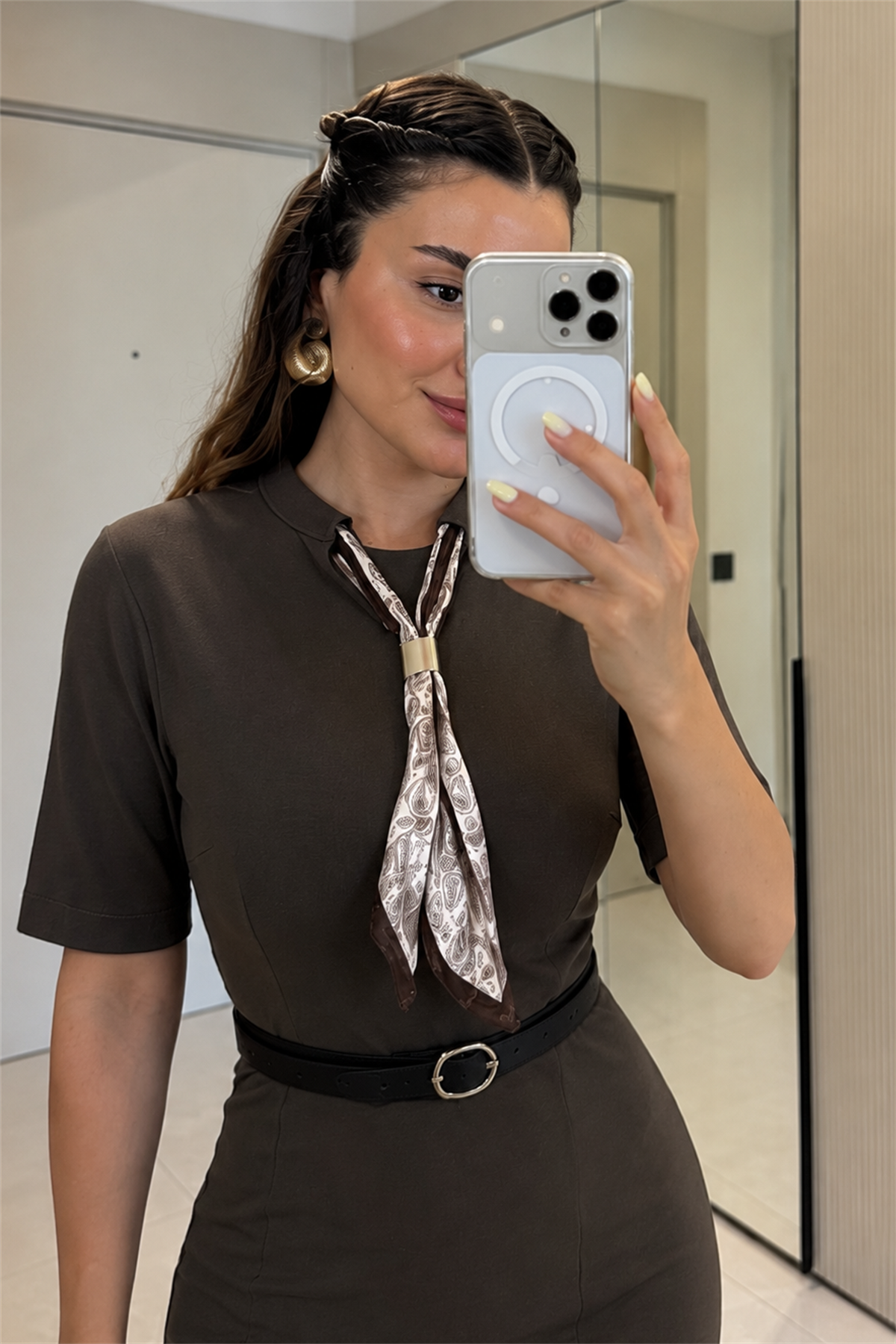 Calwark Kahve Fularlı Kalem Elbise
