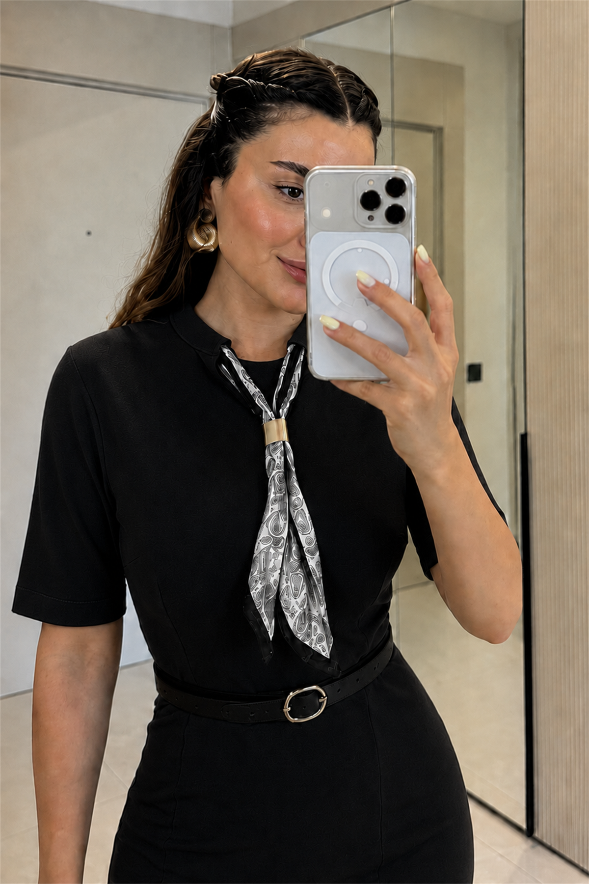 Calwark Siyah Fularlı Kalem Elbise