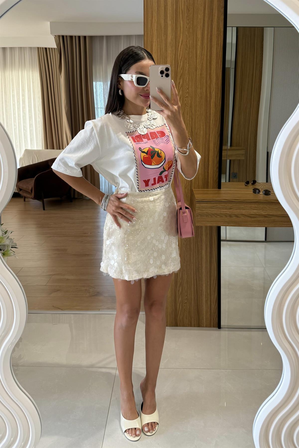 Cameron Beyaz Payet Şort Etek