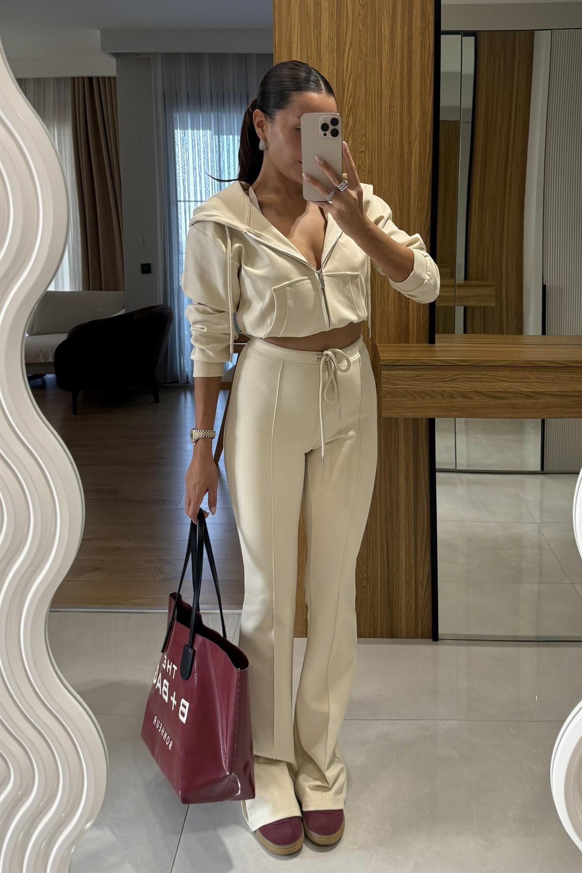 Camille Bej Kapüşonlu Premium Kumaş Takım