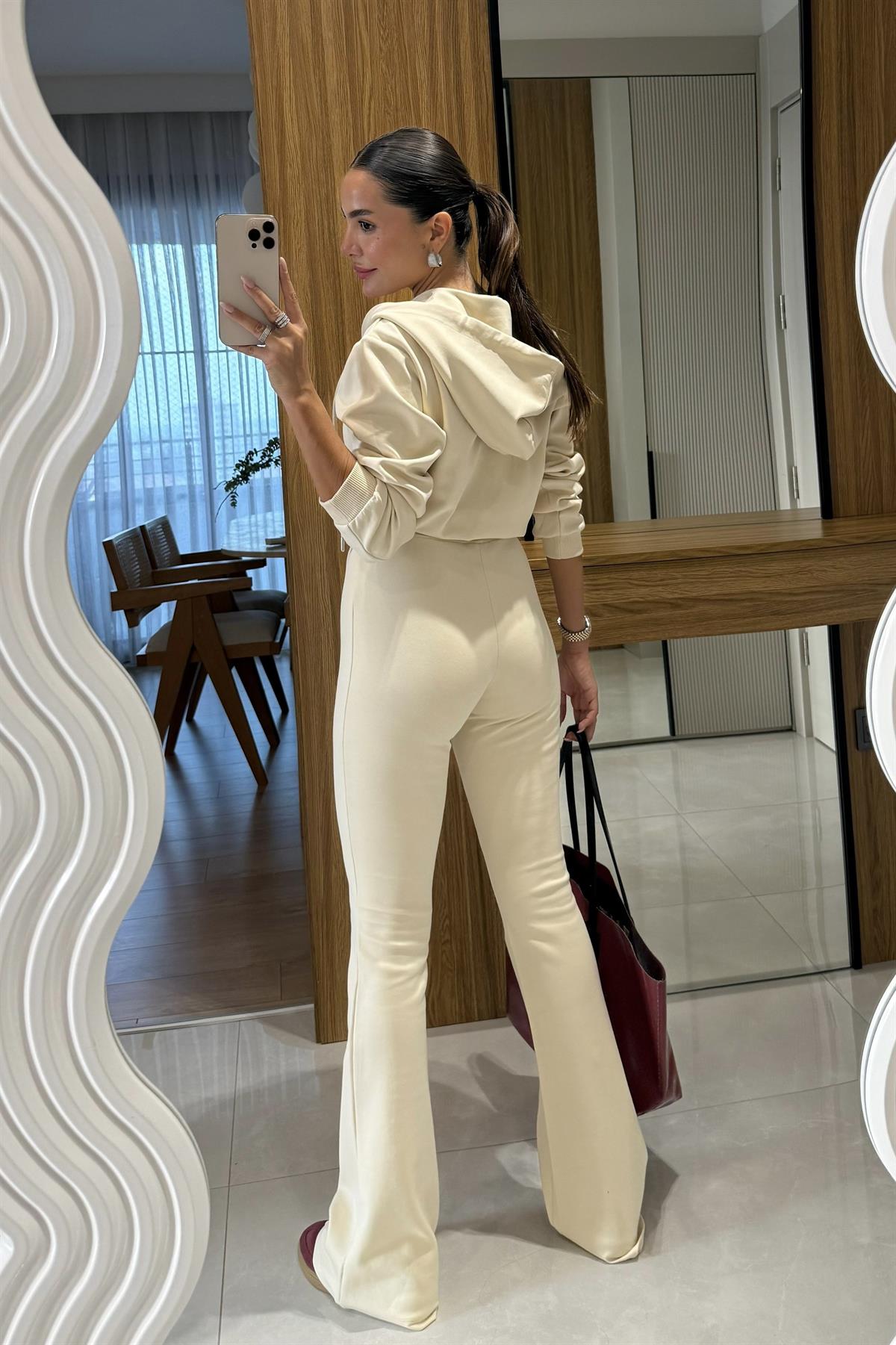 Camille Bej Kapüşonlu Premium Kumaş Takım