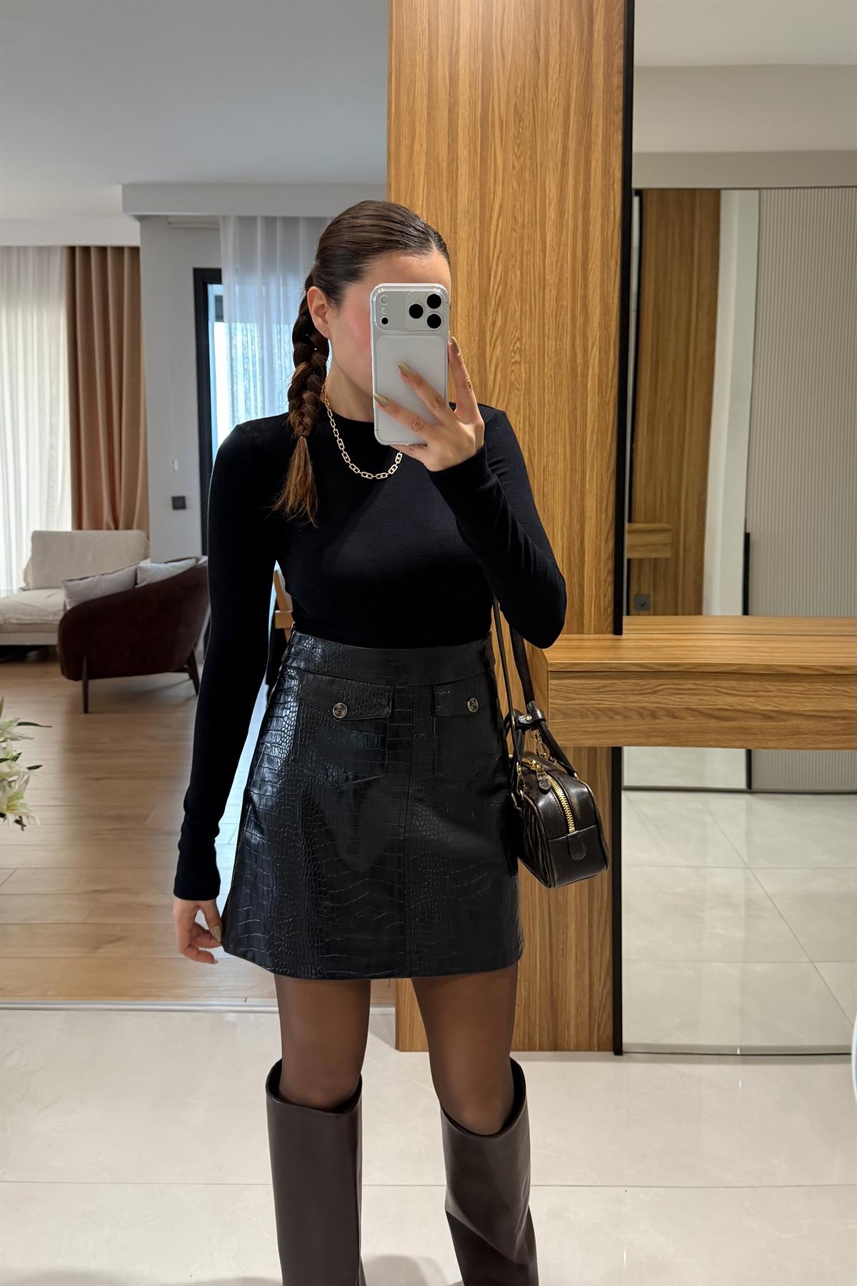 Candle Siyah Krokodil Deri Etek