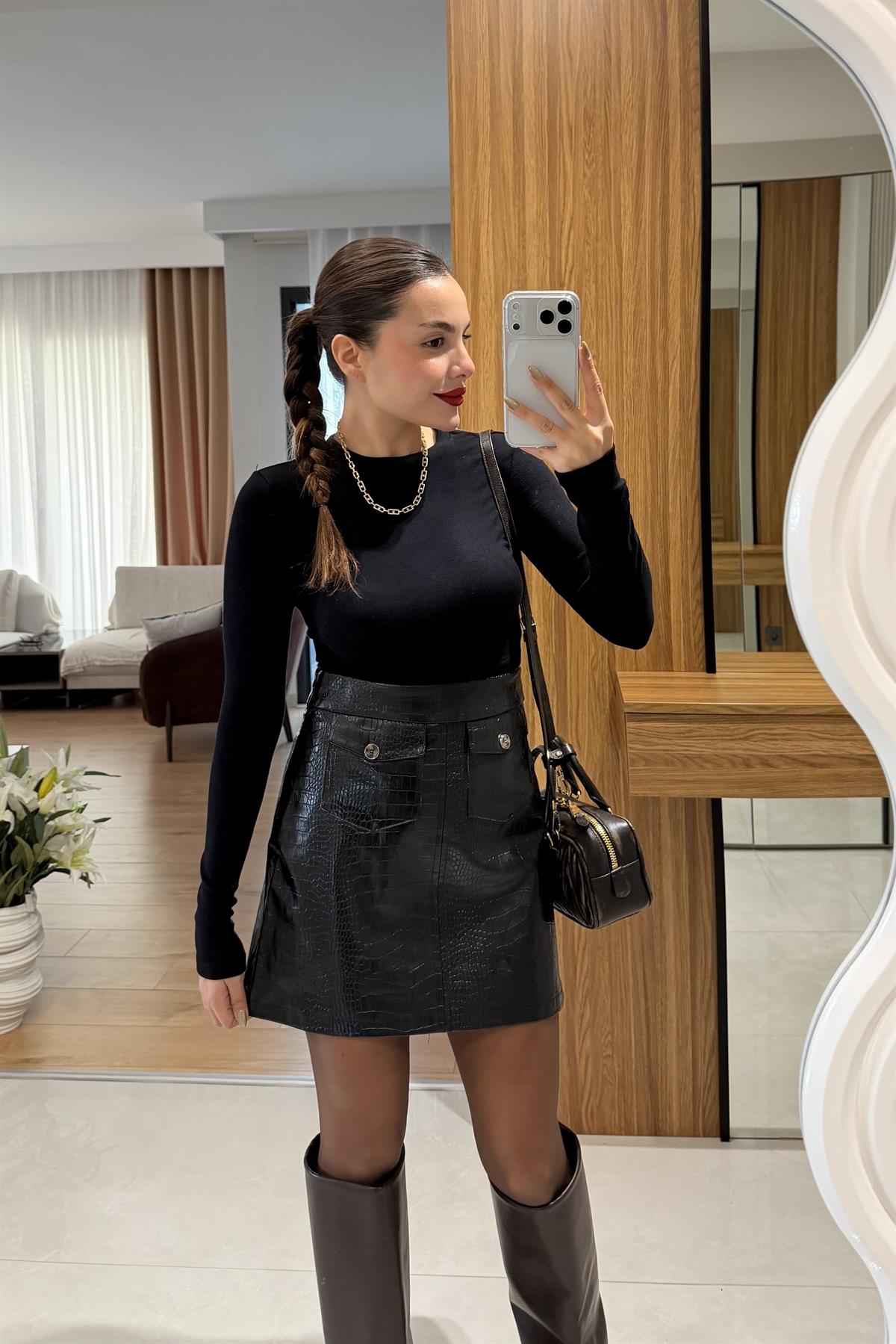 Candle Siyah Krokodil Deri Etek