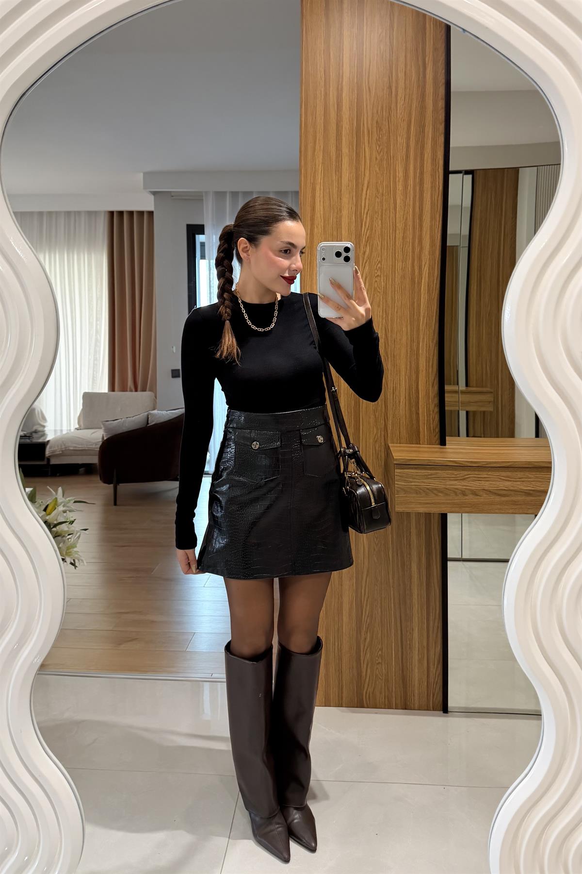 Candle Siyah Krokodil Deri Etek