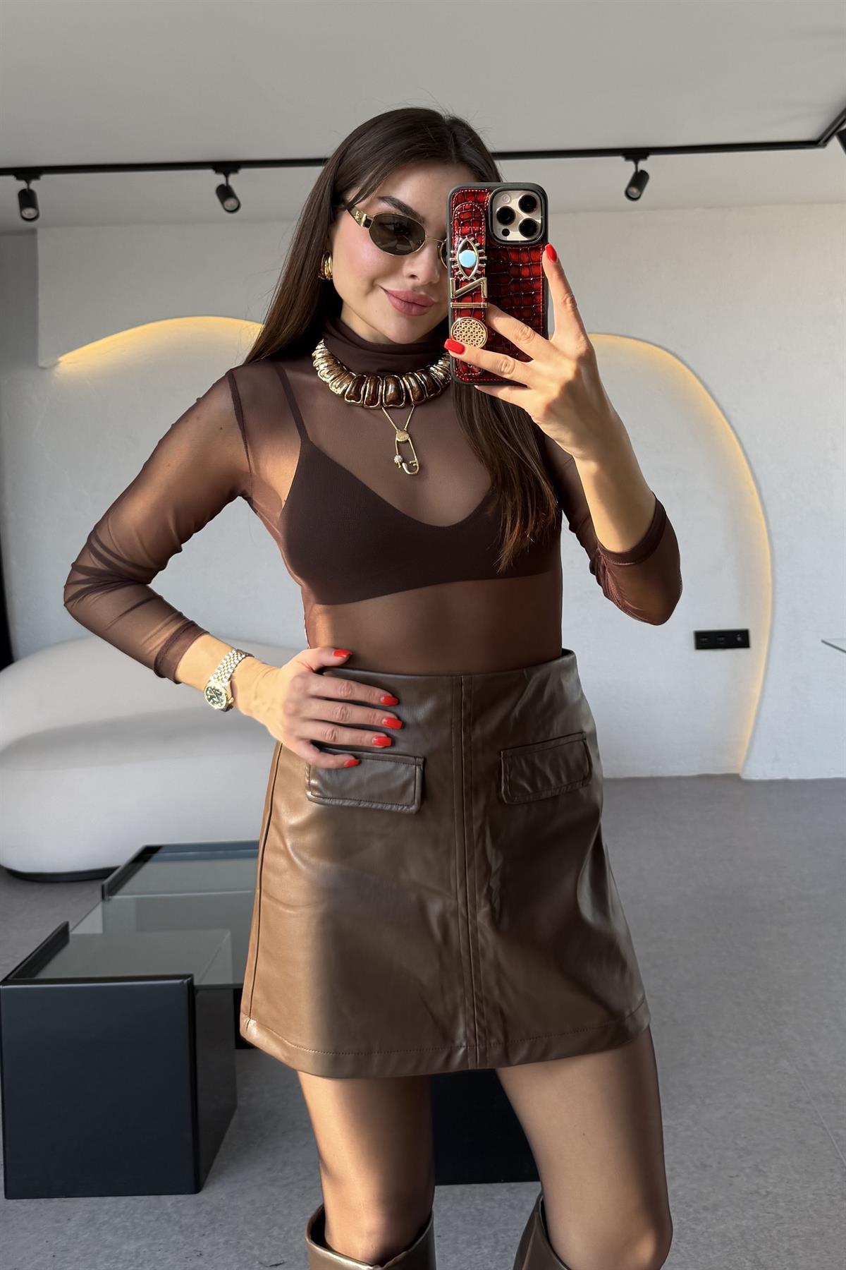 Canela Kahve Tül Balıkçı Yaka Body