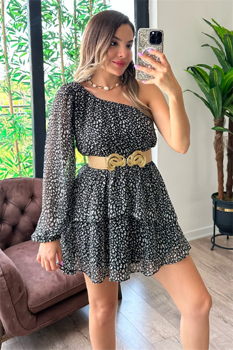 Cantiello tek omuz siyah şifon elbise