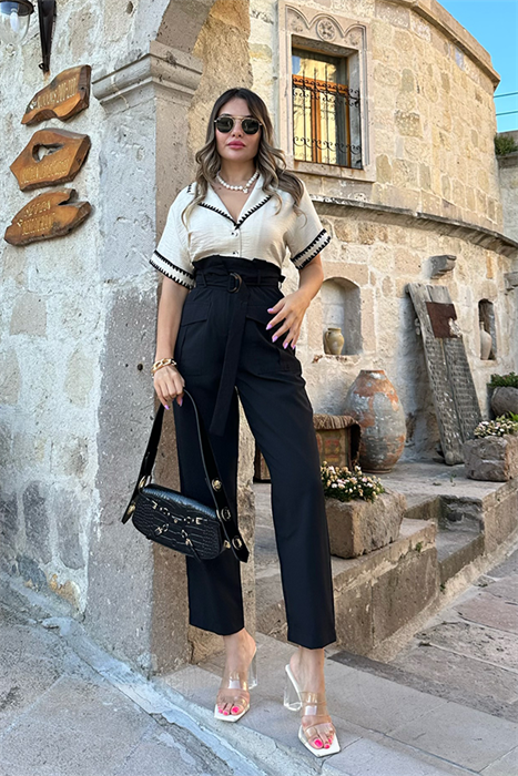 Capiedra kemerli siyah kargo havuç pantolon